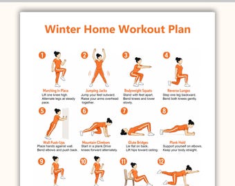Plan de entrenamiento en casa para invierno (PDF imprimible) / Tabla de ejercicios de cuerpo completo para interiores / Póster de rutina de ejercicios sin equipo