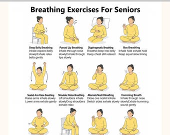Ejercicios de respiración para personas mayores (imprimible) / Tabla de ejercicios de respiración profunda en silla / Póster de ejercicios de respiración sentado (PDF)