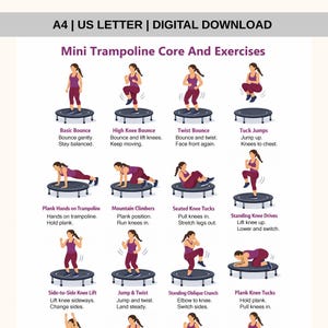 May include: A digital download titled "Mini Trampoline Core And Exercises" in A4 size. The image shows various exercises performed on a mini trampoline, including basic bounce, high knee bounce, twist bounce, and tuck jumps. Each exercise is illustrated with a woman in athletic wear.