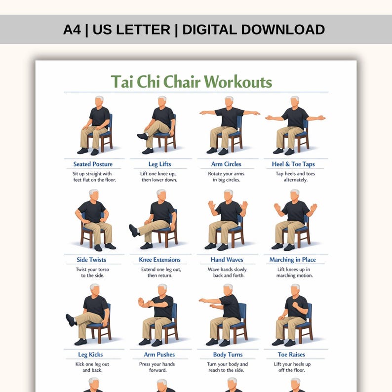 Printable Tai Chi Chair Workouts, Tai Chi Exercise Chart, Tai Chi Chair Exercise Chart PDF, Workout Plan PDF, Digital Download image 1