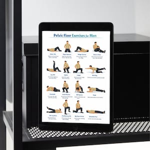 May include: A black tablet displays a guide titled "Pelvic Floor Exercises for Men." The guide features illustrated exercises, including pelvic tilts, kegel squeezes, bridge exercises, and knee-to-chest stretches. The tablet is on a black metal shelf.