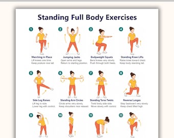Ejercicios de cuerpo completo de pie (PDF imprimible) / Tabla de ejercicios con peso corporal sin equipo / Rutina de ejercicios en casa