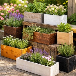 May include: A collection of rectangular and square wooden planters in various finishes including natural light wood, dark brown, black, and distressed white, each containing assorted green herbs and flowering plants arranged on tiered levels.