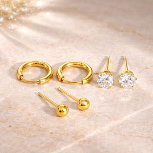 Wasserdichtes Gold PVD CZ Ear Stack Set, anlaufgeschützte hypoallergene Ohrringe