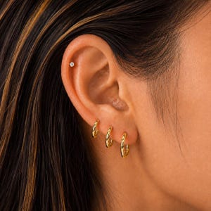 May include: A set of three gold hoop earrings of varying sizes arranged in a row along the earlobe, accompanied by a single small gold stud earring with a clear stone positioned in the upper cartilage area of the ear.