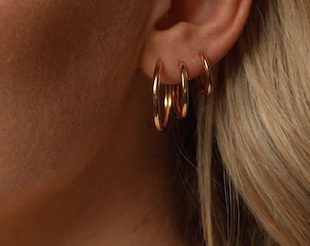 Set of 3 Pairs 18K Minimalist Gold Plated Hoop Earrings , Waterproof Tarnish Resistant, Hypoallergenic