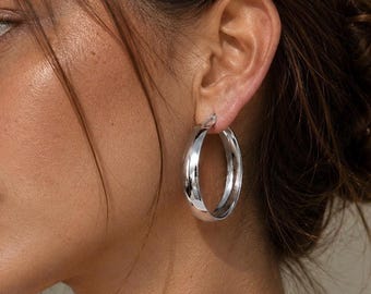 40mm Silver Hoop Earrings, Chunky Stainless Steel Hoops, Minimalist, Waterproof, Hypoallergenic, Tarnish Resistant