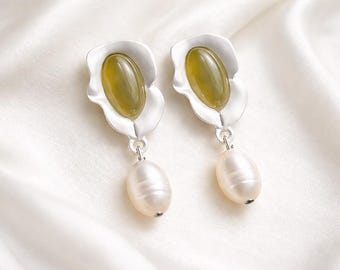 Jade & Freshwater Pearl Drop Earrings, Vintage Sterling Silver, Gift for Her
