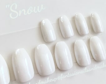 White iridescent nails- winter snow nails- holiday Christmas nails- coffin fake nails- press on nails- glue on nails- false nails