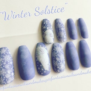 Snowflake nails- winter holiday nails- solstice fairy nails- press on nails- glue on nails- coffin fake nails- false nails- acrylic nails