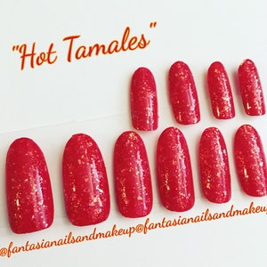 Red Valentine nails- press on nails- glue on nails- fake nails- oval nails- glitter nails- false nails- acrylic nails- fake nail set