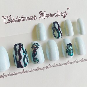 Christmas mermaid nails, holiday- winter nails, coffin nails, press on nails, glue on nails, fake nails, fake nail set, light blue nails