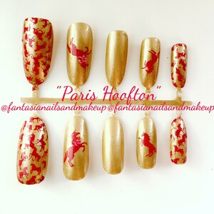 Gold unicorn nails- oval fake nails- press on nails-  glue on nails-  fake nail set- false nails- faux nails- acrylic nails- stick on nails