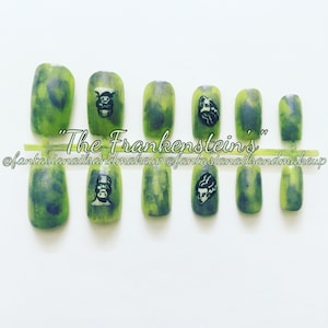 Green Frankenstein Halloween nails- monster nails- square fake nails- press on nails- glue on nails- fake nail set- false nails- faux nails