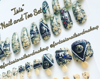 Egyptian Press On Nails, Goddess Nail Set, Marble Toe Nails, Made to Order