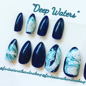 Mermaid nails, ocean nails, stiletto nails, press on nails, glue on nails, fake nail set, false nails, faux nails, acrylic nails, stick ons