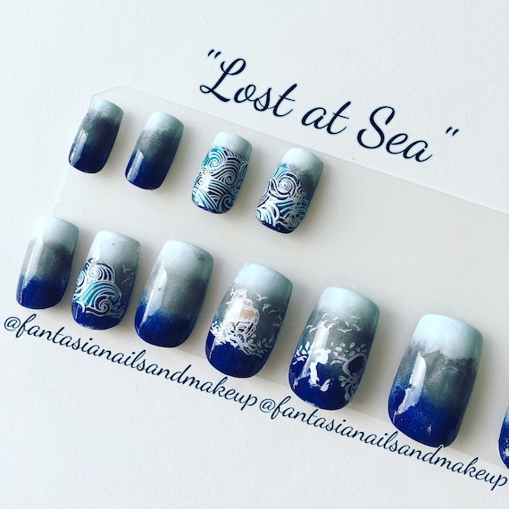 Blue Ombre Mermaid Nails Ship Sea Nails Press On Nails Glue On Nails False Nails Fake Nail Set Faux Nails Square Acrylic Nails