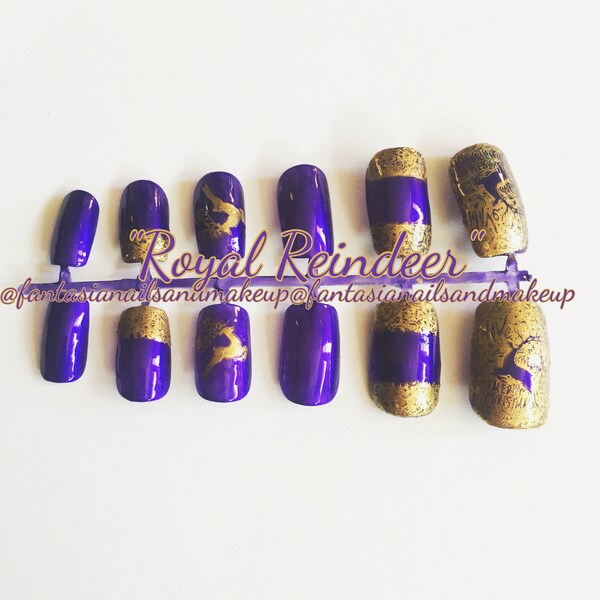 Rentier-Press-On-Nägel: Lila-Gold-Urlaubs-Acrylnägel