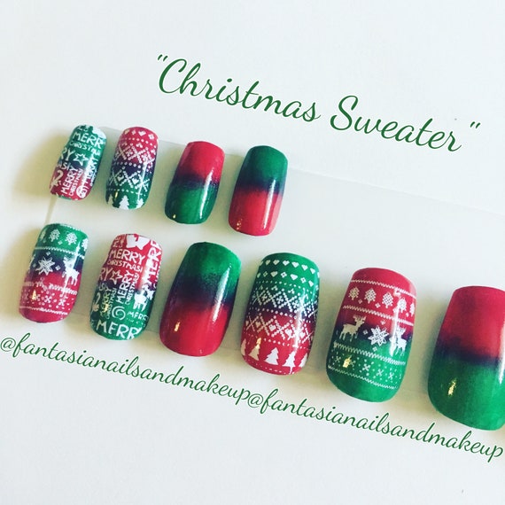 Christmas sweater nails, holiday red green nails, square fake nails, press on nails, glue on nails, fake nail set, false nails, acrylic nail