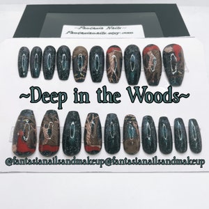 Fake nails, Halloween nails, press on nails, gothic nails, glue on nails, spooky nails, fake nail set, fairy tale nails, tree forest nails