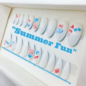 Beach nails, summer nails. fake nails, press ons, glue on nails, pool nails, made to order nail sets, false nails, acrylic nails, swim nails