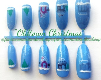 Blue Christmas holiday nails- snow nails- press on nails- glue on nails- fake nail set- false nails- faux nails- oval acrylic nails