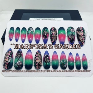 Fairy nails, fake nails, butterfly nails, press on nails, glue on nails, spring nails, mushroom nails, ombre nails, stiletto nails