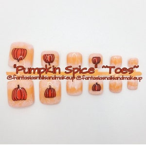 Toe nails, pumpkin nails, fake nails, press on nails, glue on nails, fake toe nail set, orange nails, fall nails, Halloween nails