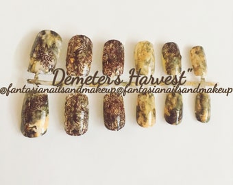 Fall Marble Press On Nails: Demeter's Harvest Fairy Design