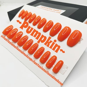 Pumpkin orange nails, fake nails, coffin nails, press on nails, gluue on nails, false nails, acrylic nails, ready to ship nails, fall nails