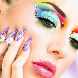 Galaxy nails, space nails, coffin nails, press on nails, glue on nails, fake nail set, false nails, faux nails, acrylic nails, stick on nail