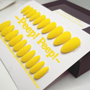 Yellow matte nails, fake nails, press on nails, easter nails, spring nails, summer nails, almond shape nails, glue on nails, lemon yellow