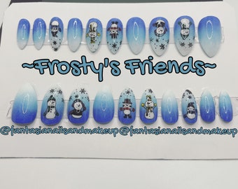 Snowman nails, press ons, fake nails, glue on nails, press on nails, winter nails, blue ombre nails, acrylic nails, made to order nails