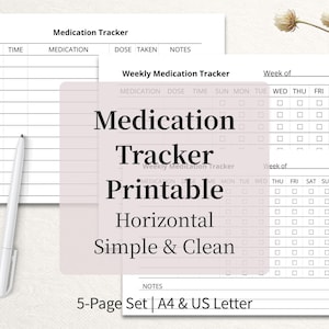 Printbare medicatie-tracker (horizontaal) | Eenvoudige en overzichtelijke set van 5 pagina's | Dagelijkse logboeken | Wekelijkse logboeken | A4 | US Letter | Direct downloaden