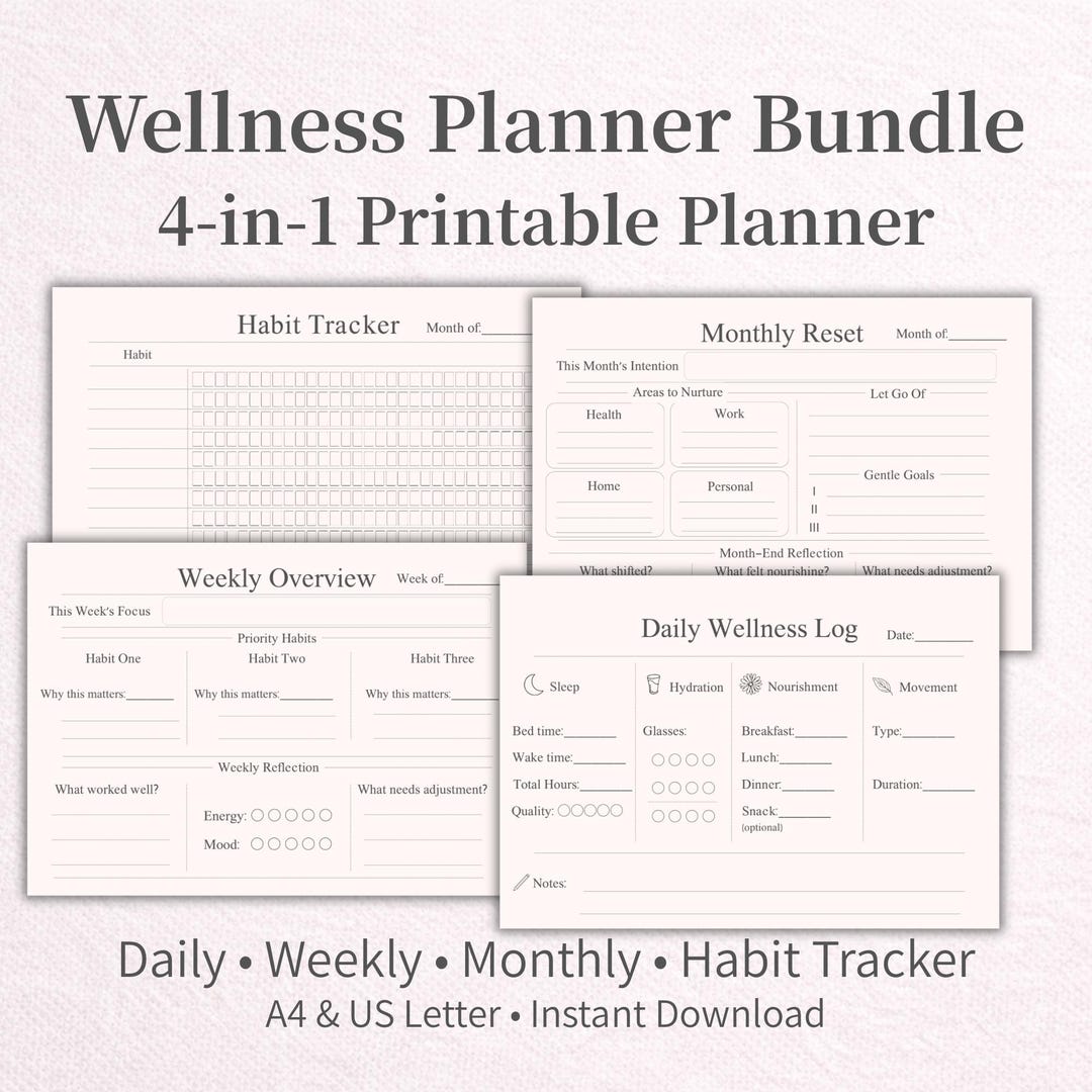 Wellness Planner Printable Bundle | Daily, Weekly, Monthly Reset ...