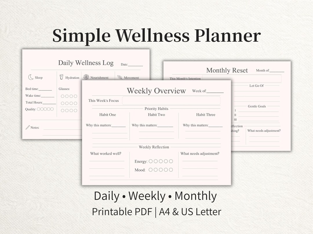 Simple Horizontal Wellness Planner Printable Bundle | Daily Weekly ...