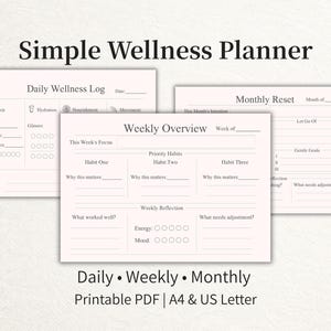 Simple Horizontal Wellness Planner Printable Bundle | Daily Weekly Monthly Reset Tracker | Clean Design PDF | A4 US Letter Instant Download