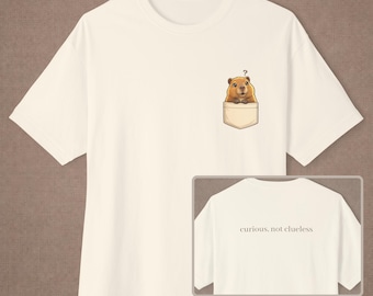 Capybara Pocket T-Shirt Curious Not Clueless Graphic Tee Cute Animal Shirt Minimal Aesthetic Unisex Shirt Gift for Overthinkers