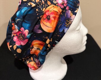 Pumpkin printed Euro style scrub hat with adjustable elastic