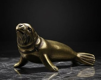 Retro Brass Seal Figurine - Miniature Sea Animal Statue - Solid Metal Desk Decor - Small Paperweight - Ocean Wildlife Gift