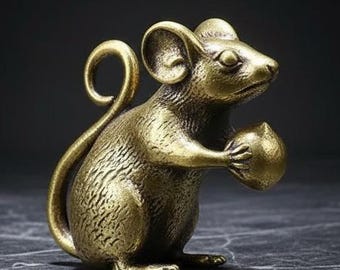 Brass Mouse Figurine Holding Nut Retro Rat Statue Feng Shui Wealth Ornament Cute Animal Paperweight Home Decor Gift
