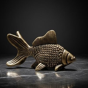 May include: A bronze-colored fish figurine with detailed scales, fins, and tail. The decorative fish is positioned on a dark, marble-like surface, with a black background. The figurine is likely a decorative item or a piece of art.