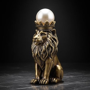 Könnte beinhalten: Bronzefarbene Löwenfigur mit einer Perle auf dem Kopf, die eine Krone trägt. Der Löwe sitzt, mit detailliertem Fell und Gesichtszügen. Der Hintergrund ist dunkel und hebt das aufwendige Design der Figur hervor.