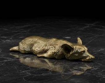 Retro Brass Corgi Figurine Lying Dog Statue Small Metal Puppy Paperweight Cute Desk Decor Animal Lover Gift Sploot Ornament