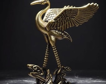 Retro Brass Crane on Turtle Statue, Feng Shui Longevity Symbol, Small Animal Figurine, Asian Home Decor, Good Luck Tea Pet Gift