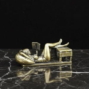 Solid Brass Figurine Woman Reading Book Relaxing on Sofa, Retro Desk Accessory, Miniature Girl Sunbathing, Metal Art Paperweight