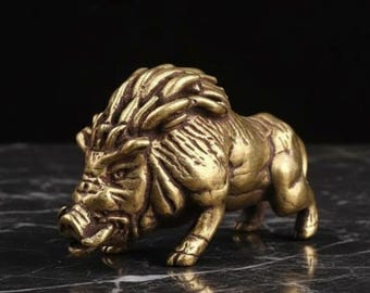 Retro Solid Brass Wild Boar Figurine Small Hog Statue Wild Pig Key Fob Pendant Animal Desk Ornament Gift