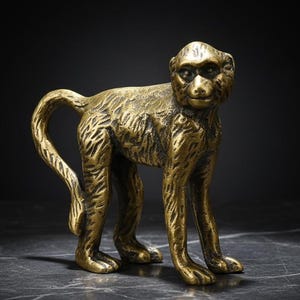 May include: A bronze-colored monkey figurine. The monkey is standing on all fours with its tail curled. The figurine has detailed fur texture and a realistic facial expression. The background is dark, highlighting the monkey's form.