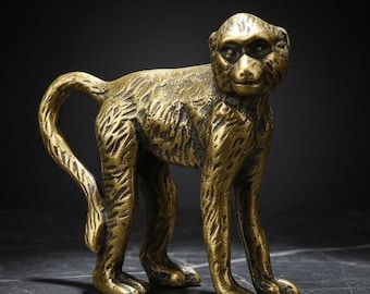 Massief messing aapbeeldje - retro dierenstandbeeld - kleine metalen sculptuur - uniek huisdecor - presse-papier aap - gelukscadeau