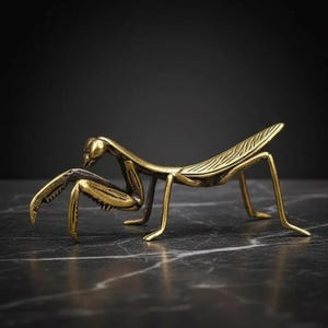 Puede incluir: Una detallada figura de mantis religiosa de latón. El insecto está posicionado sobre una superficie oscura, mostrando su intrincado diseño. La mantis tiene un cuerpo texturizado y patas detalladas, con un enfoque en la cabeza y las patas delanteras del insecto.